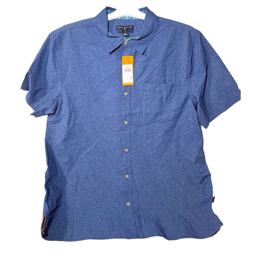 Margaritaville Casual Button Down Collared Men's Shirt Twilight Blue Beach Sz L
